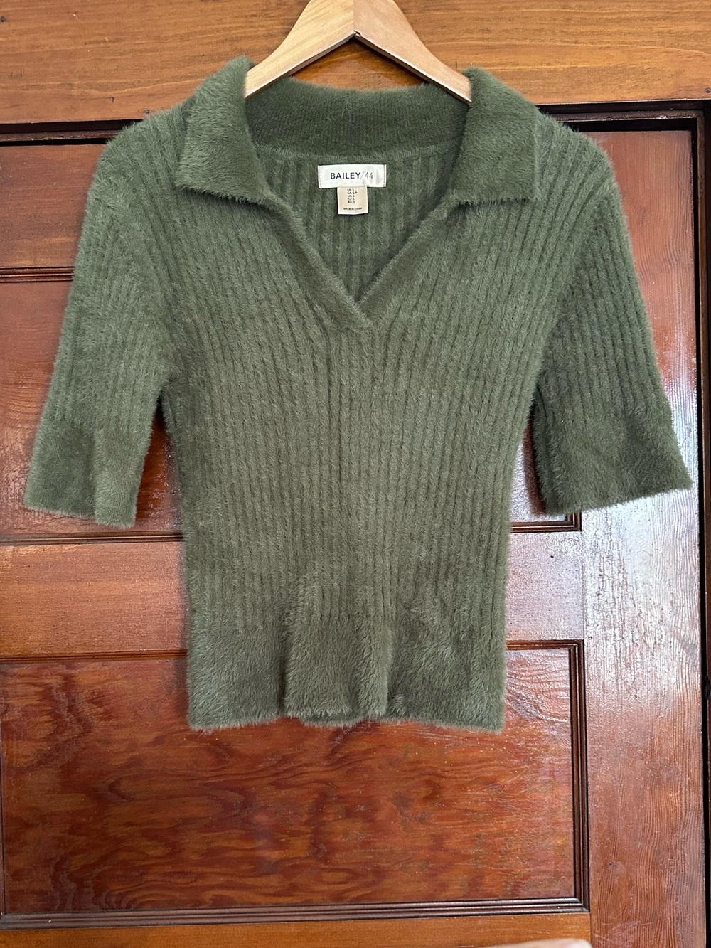 Bailey 44 Faux Fur Collared Ribbed Polo Sweater Knit Top Green Sz M Academia